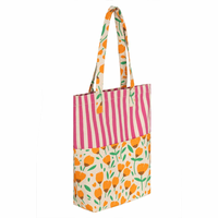 Sac de courses en toile grande taille rose à rayures et motif floral orange avec poignée d'épaule pour les courses