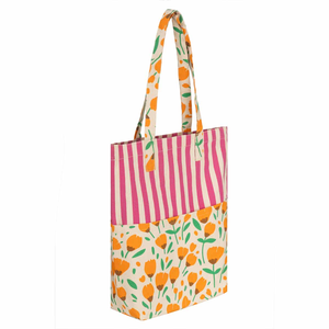 <b>Canvas</b> Shopping Bag Large Size Pink Striped Orange Floral Pattern Shoulder Handle for Groceries - Product Image 1