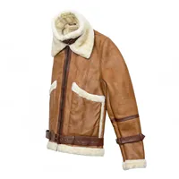 Veste en cuir véritable unisexe marron en peau de mouton, style aviateur B3, col en fourrure, ceinture à boucle, vêtement d'extérieur tendance pour l'hiver, logo personnalisé