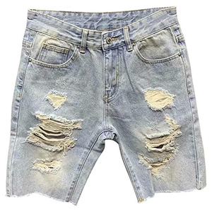 Shorts Bermuda en jean bleu clair pour homme avec broderie florale, taille mi-haute, fermeture boutonnée, style décontracté, tissu 100 % coton tissé - Product Image 6