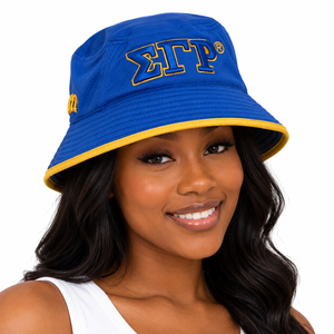 Chapeau Bob Bleu Royal avec Broderie Lettres Grecques Dorées, Bordure Jaune, Tissu Maille Respirant, Unisexe, Décontracté, Été, Sports de Plein Air - Product Image 1