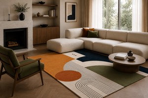 Tapis en laine tufté à la main pour salon, style Bauhaus, moderne du milieu du siècle, orange, marine, olive, géométrique, rétro, design OEM - Product Image 2
