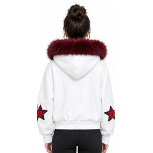 White Women's Hooded <b>Zipper</b> <b>Jacket</b> With Faux Fur Collar Red Star Embroidery Winter Casual Sweatshirt Hoodies - Product Image 3