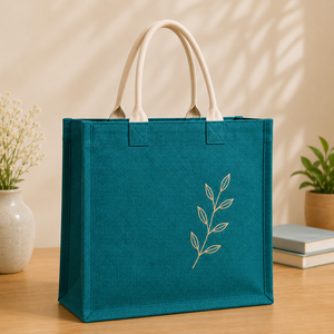 Teal Jute Tote <b>Bag</b> With Gold Leaf Embroidery <b>Medium</b> <b>Size</b> Daily Shopping <b>Bag</b> - Product Image 1