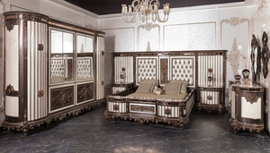 Luxury Neoclassical Solid Teak Wood Bedroom Set King Size Bed with Grand <b>Mirrored</b> Wardrobe 2 Nightstands and Dressing <b>Table</b> - Product Image 3