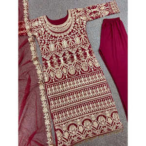 Conjunto de Top, Pantalón y Dupatta Rojo para Fiesta de Diseñador DHK para Mujer, Talla M, Elegante y con Estilo - Product Image 2