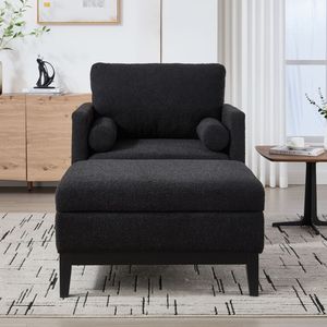 Poltrona con Poggiapiedi Reversibile Nera da 90 cm, Base in Legno, Gambe Quadrate, Rivestimento Imbottito, per Soggiorno - Product Image 2