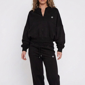 Black Cotton Fleece Women Tracksuit Jogger Sets <b>Drop</b> Shoulder Zip Up Hoodie 450GSM Heavyweight Ladies Activewear Export Quality - Product Image 4
