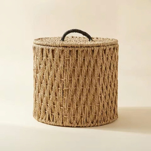 Natural Paper Rope Storage <b>Basket</b> <b>with</b> <b>Lid</b> and Handle Rustic Wicker Organizer Decorative Home Laundry Toy Storage <b>Basket</b> - Product Image 1