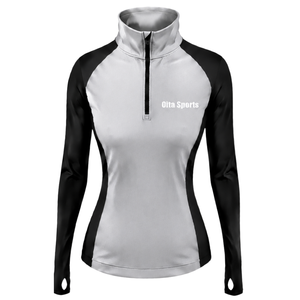 Women Quarter Zip Athletic <b>Top</b> Silver Black Long Sleeve Fitted Sports Training High Collar <b>Thumbhole</b> Performance Activewear - Product Image 1