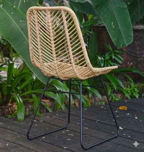 Chaise de salle à manger moderne en rotin naturel pour extérieur, fauteuil de jardin bohème en osier, mobilier minimaliste pour patio, balcon, bistrot avec structure métallique - Product Image 2