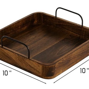 Acacia Wood Serving Tray with Metal Handles, Large Square Wooden Tray for <b>Coffee</b> <b>Table</b>, <b>Rustic</b> Wood Food Platter for Breakfast - Product Image 5