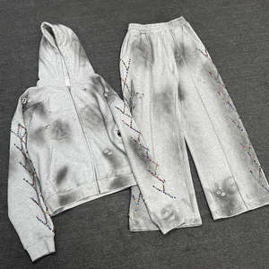 Conjunto de Sudadera Ligera de Algodón 100% con Logotipo Bordado, Estilo Vintage de Invierno, Lavado Desgastado, Streetwear con Pedrería - Product Image 1