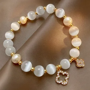 Pulsera de Cristal con Trébol de Cuatro Hojas para Mujer, Cadena de Mano Elástica con Cuentas de Perlas, Joyería, Regalo - Product Image 5