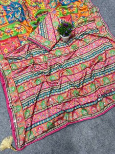 Women's New Tenncy Chinon Silk Designer Handwork Saree | Wedding Diwali Party Ethnic <b>Ankle</b>-Length Stretchable - Product Image 3