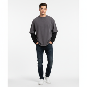 Camiseta de Manga Larga para Hombre, 100% Algodón, Estilo Falso Dos Piezas, Vintage, Lavado Ácido, Oversize, Streetwear, Hip Hop, Personalizada - Product Image 4