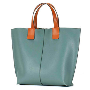 Teal Genuine Leather Tote Bag Soft Handle Minimalist Style Female Outdoor Hiking Zipper Closure Arcuate Shoulder Strap Open Top - Product Image 1
