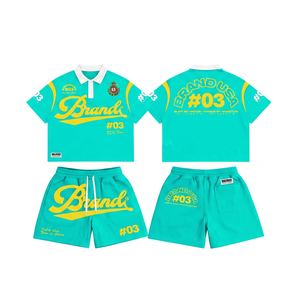 ชุดเสื้อโปโลและกางเกงขาสั้นสีแดงสำหรับผู้ชาย # 03 เสื้อผ้าสตรีทแวร์ลำลองสำหรับฤดูร้อน ชุดเข้าชุดกัน ดีไซน์พิมพ์ลายตัวอักษร - Product Image 4