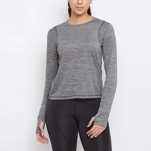 T-shirt à manches longues pour femme, col rond, coupe ajustée, mélange de coton, décontracté, pour le yoga - Product Image 2