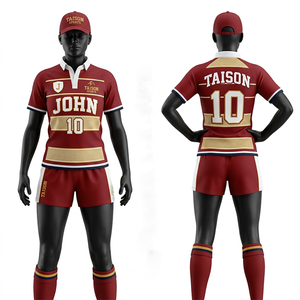 Womens Rugby Uniform 220 GSM Polyester Spandex Red Navy Striped Panel Design Sublimation Custom Logo Set - Product Image 3