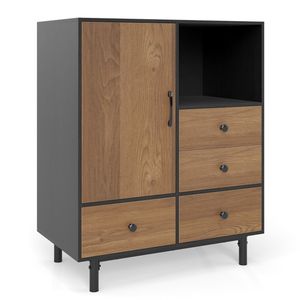 Credenza Moderna Stile Mid-Century con 4 Cassetti in MDF, Mobile Buffet Ecologico con Vetro per Sala da Pranzo e Soggiorno, Nero - Product Image 3