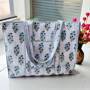 Floral Geometric Stripe Design Durable Tote Bag Quilted Cotton Thickened Handheld <b>Shoulder</b> <b>Strap</b> with Large Capacity - Product Image 1