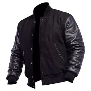Veste bomber universitaire en laine noire avec manches en cuir noir, style décontracté pour hommes et femmes - Product Image 1