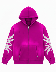 Men's Black Hooded Zip-Up Sweatshirt With White Flame Print On Sleeves Streetwear Style Regular Fit 100% Polyester French Terry - Product Image 5