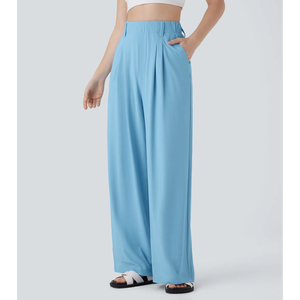 Pantalones de Pierna Ancha de Cintura Alta para Mujer, Color Sólido, Plisados, Corte Holgado, Largos, Tela Crepé, Estilo Casual de Verano, Cintura Elástica - Product Image 3