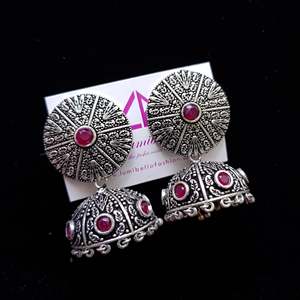 German <b>Silver</b> Chandelier Jhumka Earrings-Ethnic Religious Charm <b>Studs</b> - Product Image 1
