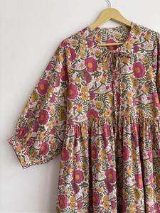 Women Vintage Boho A-Line Midi Dress 100% Cotton Floral Print Puff-Printed <b>Three</b>-Quarter Sleeve V-Neck Regular Fit Summer Casual - Product Image 1