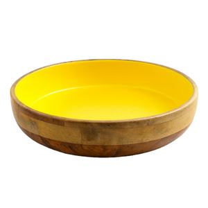 Bol en bois de manguier fait à la main solide jaune intérieur décoratif salade fruits plat de service rustique Artisan en bois ustensiles de cuisine artisanat - Product Image 1