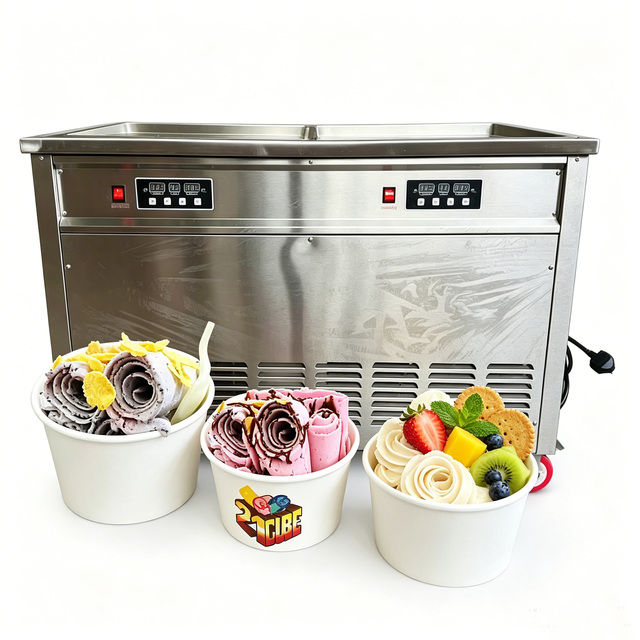 Commercial Double Pans Fried Ice Cream Machine HJ-A66 Stainless Steel Instant Stir-Fry Ice Cream Roll Maker for Dessert Shops