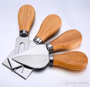 Juego de 4 cuchillos para queso al por mayor con mango de roble, espátula y tenedor de acero inoxidable para tabla de quesos y accesorios para fiestas - Product Image 1
