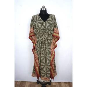 ชุดเดรสสั้นผ้าฝ้ายแท้พิมพ์ลาย Bagru แบบอินเดีย พิมพ์ลายด้วยมือ เหมาะสำหรับฤดูร้อน ลายดอกไม้ ชุดคลุมชายหาด/ชุดนอนคนท้องแสนสบาย แบบยาว - Product Image 6