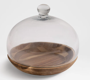 LMB Round Wooden <b>Cake</b> <b>Stand</b> Glass <b>Dome</b> Cover Handmade Dessert Display Platter From Uttar Pradesh for Wedding Party Table Decor - Product Image 1