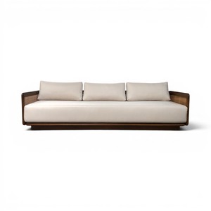 Sofá Moderno Minimalista Curvo de Madera de Teca Sólida y Duradera de 3 Plazas con Panel Lateral de Ratán y Cojín Crema para Apartamento y Parque - Product Image 1