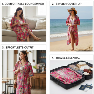 Robe de nuit kimono en coton biologique rose à motifs floraux, col en V, manches longues, tissée à la main, pour femme, prix usine, vente en gros - Product Image 3