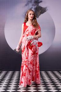 ผ้าส่าหรีผ้าไหมซาตินพิมพ์ลายพรีเมียม พร้อมขอบลูกไม้มุก ลายดอกลิลลี่สุดหรู สำหรับงานแต่งงานแบบอินเดียและงานเลี้ยงสำหรับผู้หญิง - Product Image 2