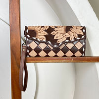 Portefeuille long à poignet en cuir à carreaux fait main de luxe avec protection RFID, nouveau design floral pour femmes, élégant organiseur de cartes, pochette pour les voyages