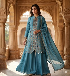 Conjunto de Kurta y Palazzo Largo Bordado para Mujer al por Mayor con Dupatta |   Traje Étnico de Seda Romana Viscosa Premium |   Boda Diwali - Product Image 3
