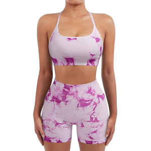 <b>Pink</b> Two Piece Yoga Set Spaghetti Strap Halter <b>Crop</b> <b>Top</b> High Waist Shorts Breathable Quick Dry Spandex Polyester Seamless - Product Image 1