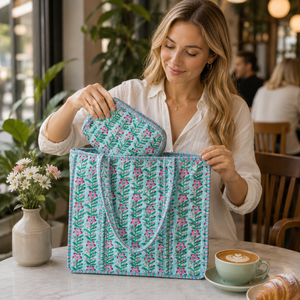 Bolso Tote con Estampado Floral de Jaipur + Set de Neceser a Juego, de Algodón Acolchado con Cierre de Cremallera, Ecológico, Duradero, Hecho a Mano, Lavable - Product Image 4