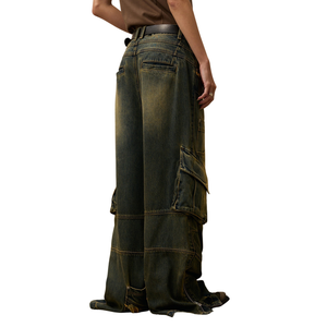 Pantalon cargo en jean délavé pour homme, taille haute, coupe ample, style streetwear, en coton mi-lourd, personnalisé - Product Image 3