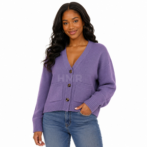 HMR Sisterhood Sorority Acrylic <b>Purple</b> Knitted V-Neck <b>Cardigan</b> Long Sleeve Casual Solid Color Button Front Sweater Top - Product Image 1