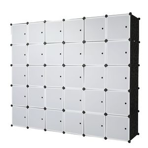 Armadio Modulare Bianco a 30 Cubi Design D, Scaffali Multifunzionali Impilabili in Plastica con Asta Appendiabiti e Contenitori Organizzatori - Product Image 1
