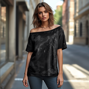 Off-Shoulder <b>Distressed</b> Graphic Knitted Polyester T-Shirt Womens Casual Regular Fit Fashion Streetwear Patchwork Logo <b>Top</b> - Product Image 2