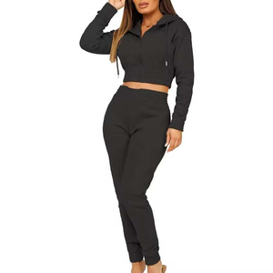 Women's Black 2-Piece Hip Hop Print Pattern <b>Crop</b> <b>Top</b> <b>Set</b> Fleece Casual Sportswear Full Length Pants Breathable Regular Fit - Product Image 3