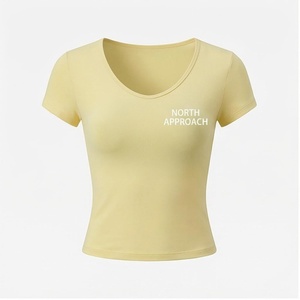 North Approach Women's <b>Crop</b> <b>Top</b> Short <b>Sleeve</b> Scoop Neck Solid Yellow Yoga Shirt Breathable Spandex Polyester Sportswear - Product Image 1