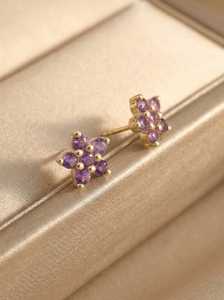 Amethyst Flower <b>Stud</b> Earrings 925 Sterling <b>Silver</b> 14K Gold Plated February Birthstone Gift For Women Under 100 - Product Image 3